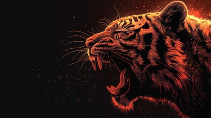 Hand-drawn portrait of a growling tiger on a black background.