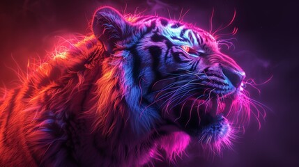 An abstract, multi-colored portrait of a snarling neon tiger on a dark purple background.