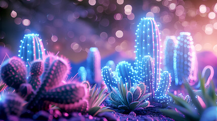 cactus tree blue and pink lighting background - Generative AI 