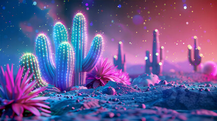 cactus tree blue and pink lighting background - Generative AI  - obrazy, fototapety, plakaty
