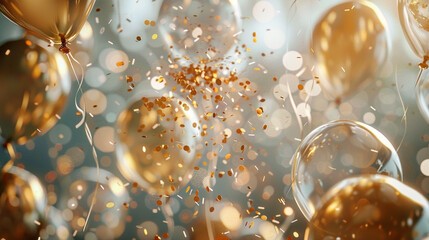A magical moment captured as golden confetti floats gently amidst a cluster of balloons, creating an enchanting scene. 8K - obrazy, fototapety, plakaty