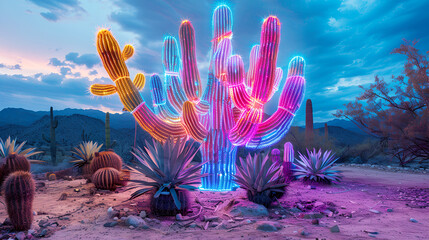 cactus tree blue and pink lighting background - Generative AI 