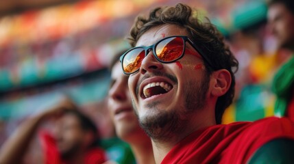 A fan wearing a hat joyfully shouts and waves the Portuguese flag in the stadium among the...
