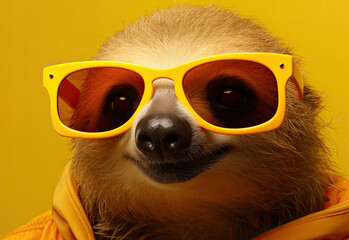 Obraz premium Sloth in glasses. Close-up portrait of a sloth. An anthopomorphic creature. A fictional character for advertising and marketing. Humorous character for graphic design.