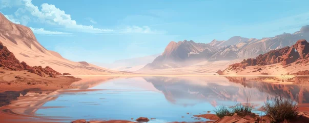 Meubelstickers Surreal desert landscape with reflective water body and mountainous backdrop © NK