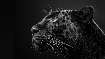Black and white sketched portrait of a panther head on a black background in the artistic style. - obrazy, fototapety, plakaty