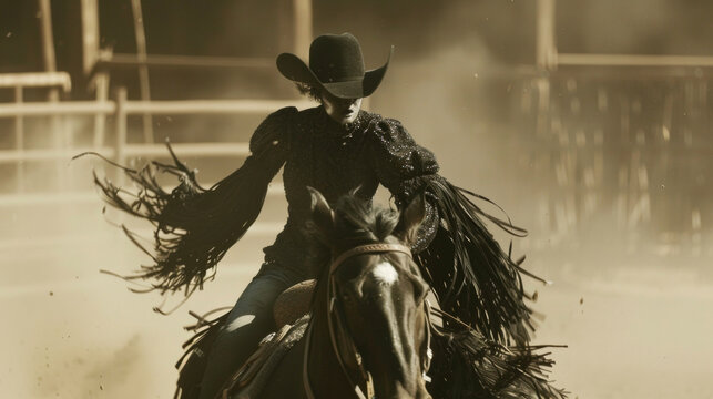 In the midst of a dusty arena the Gothic Rodeo Queen reigns supreme her shimmering black top and fringed sleeves billowing behind her as she rides. .