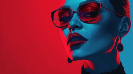 Portrait of a girl wearing glasses in neon style. Fashionable image for disco or other event. Illustration for cover, card, postcard, interior design, banner, poster, brochure or presentation.