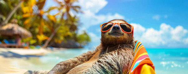 Fototapeta premium Sloth wearing sunglasses reclining on a beach