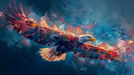 Colorful, abstract, neon art portrait of a soaring bald eagle on dark blue background in pop art style. Separated layers. - obrazy, fototapety, plakaty