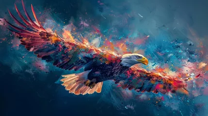 Foto op Plexiglas Colorful, abstract, neon art portrait of a soaring bald eagle on dark blue background in pop art style. Separated layers. © DZMITRY