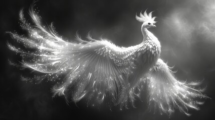 The phoenix bird is drawn in black and white on a black background in modern graphics. It has separate layers for a better understanding. - obrazy, fototapety, plakaty