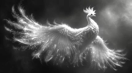 Fotobehang The phoenix bird is drawn in black and white on a black background in modern graphics. It has separate layers for a better understanding. © DZMITRY