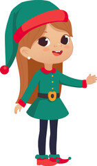 001837_ExplCartoon vector illustration of the smiling cute elf girl pointing at a bubble with place for text. Preschool child girl. School kids illustration isolated on white background..ore1