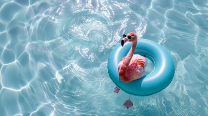 Flamingo on a blue inflatable ring in clear pool water - obrazy, fototapety, plakaty