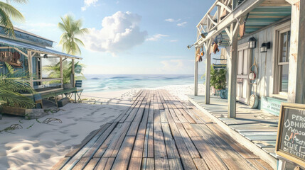 A beach scene with a wooden boardwalk and a sign that says 