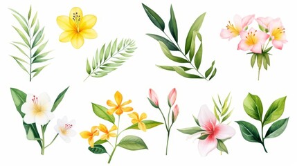 Watercolor illustration of tropical spring flowers and lush green leaves, isolated on a crisp white background, water color, drawing style, isolated clear background - obrazy, fototapety, plakaty