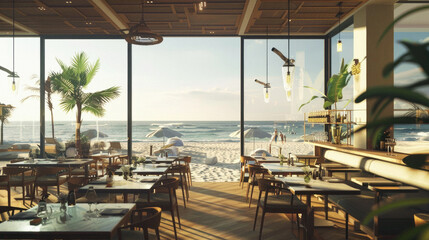 A beachfront restaurant with a view of the ocean