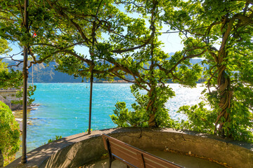 View from a lush plant covered lakefront promenade terrace overlooking the lake at the Italian resort town of Tremezzina, Italy, on the shores of Lake Como.