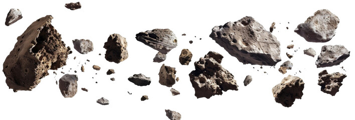 Flying asteroids cut out isolated on white 