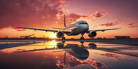 Passenger plane stands on airport runway before departure at sunset. Fading sunlight plays upon craft metallic plane by cold hues of evening sky.