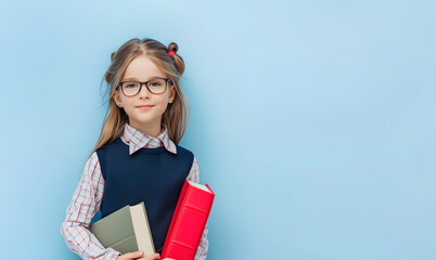 Cute junior schoolgirl in uniform holds books waiting for lessons. Little girl in glasses with pleasant smile prepares for school classes.