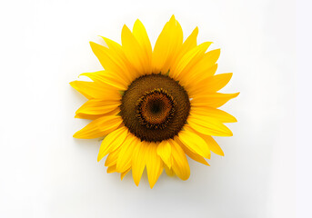 Sunflower in full bloom isolated on white background. Round-shaped sunflower inflorescence as sun symbol gives brightness to light-colored backdrop.