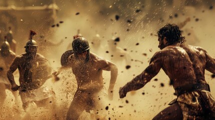gladiators engaged in fierce arena combat ancient roman spartan etruscan warriors motion blur and gritty texture