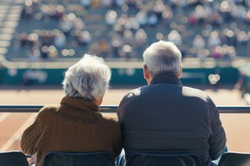 Grey-haired pensioners spend weekends watching tennis match on stadium. Senior man and woman cherish opportunity to witness skill of athletes.