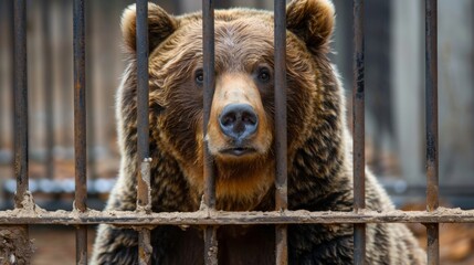 The bear is behind bars. - obrazy, fototapety, plakaty