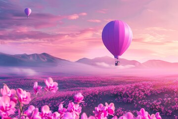 Fototapeta premium A colorful hot air balloon is flying over a field of flowers