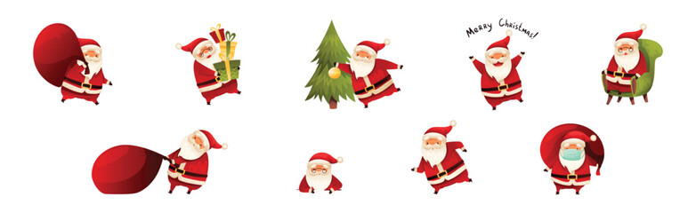 Funny Santa Claus with White Beard and Red Hat Vector Set