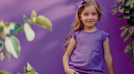 purple color base layer thin vest and solid color shorts set for kids from the spring-summer 2024, 2025 collection, as a girl model poses with joy, turning right and radiating laughter .