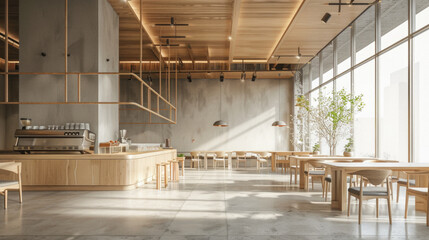 Fototapeta premium A large, open space with wooden tables and chairs