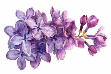 A watercolor painting of a branch of purple lilacs with green leaves, on a white background.