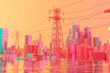 city skyline with a colorful power line tower in the middle