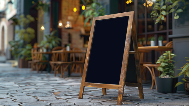 Blank chalkboard sign on sidewalk outside cafe, .in front of restaurant, menu A-frame without text