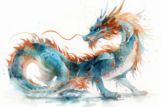 A watercolor painting of a blue and orange dragon with a long serpentine body, a mane of flowing hair, and large wings.