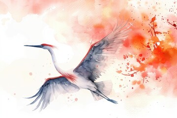 Obraz premium A watercolor painting of a flying crane with outstretched wings against a backdrop of red and orange splashes.