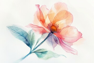 A watercolor painting of a flower with peach and pink petals and blue and green leaves.