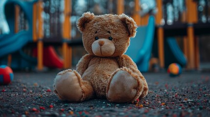 lonely teddy bear toy lying on playground floor sad brown bear doll alone in park lost toy concept illustration for international missing childrens day