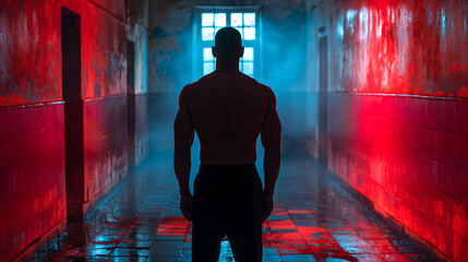 A man's silhouette stands in contemplative stillness, set against a striking red and blue backdrop, offering a dramatic interplay of light and shadow in an evocative setting.