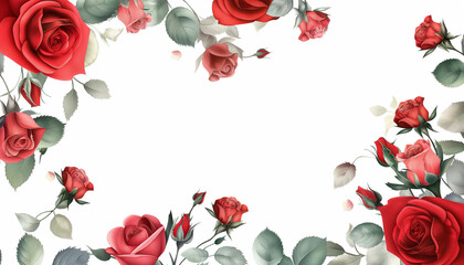 Border of red roses on white background. Invitation card