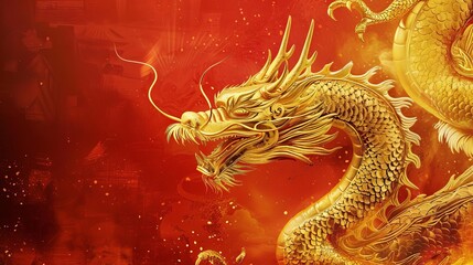 majestic golden chinese dragon on vibrant red background traditional asian culture digital illustration