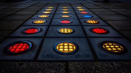 Ground lights in an array of warm colors create a captivating pattern in this symmetrical street art installation, casting a soft glow on the surrounding pavement. - obrazy, fototapety, plakaty