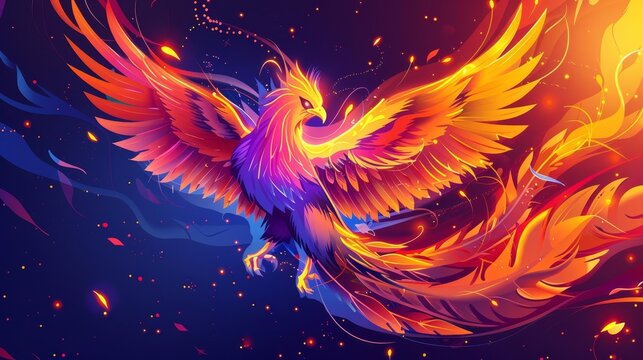 majestic phoenix rising from flames symbol of rebirth and renewal firebird with burning wings and feathers illustration