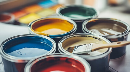 An array of open paint cans reveals a vibrant palette, with a paintbrush poised to transform creativity into reality, symbolizing the beginning of a colorful artistic project. - obrazy, fototapety, plakaty