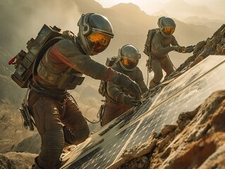 Three astronauts are climbing a mountain in space suits. The scene is set in a desert-like environment with a rocky terrain. The astronauts are carrying backpacks and appear to be on a mission - obrazy, fototapety, plakaty