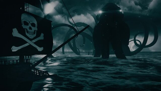 The Kraken Attacks a Pirates Galleon in the Ocean - Loop Fantasy Seascape Background V3