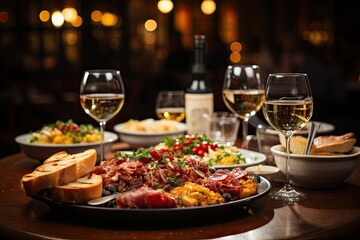 Spanish tapas in a busy bar joy, food and wine., generative IA